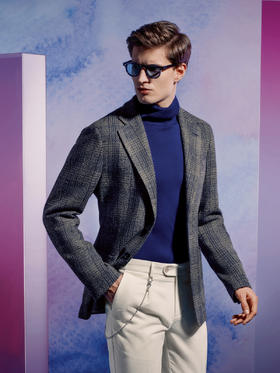 Stylbiella 羊毛马海毛羊绒PA混织蓝色格纹全麻衬单西