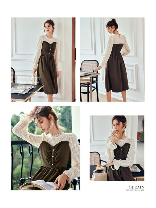 OLrain法式假两件连衣裙女早秋2022年新款气质复古灯芯绒拼接裙子 商品图1