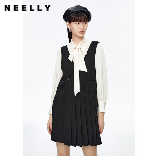NEELLY纳俪商场同款背带连衣裙女中长款设计感套头百褶A字裙秋季 商品图0