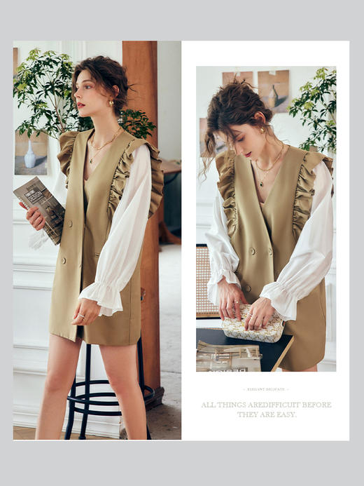 OLrain法式卡其色假两件连衣裙女早秋2022年新款大方优雅气质裙子 商品图0