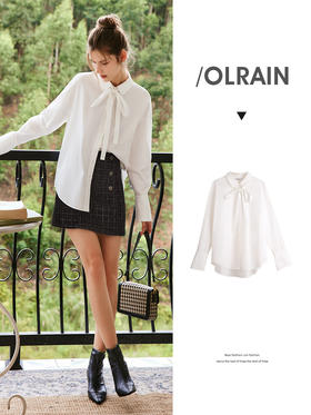 OLrain法式白色长袖衬衫女早秋2022年新款简约百搭设计感绑带衬衣
