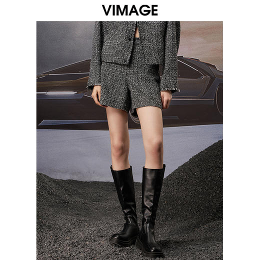 VIMAGE纬漫纪秋季新款粗花呢格子洋气复古直筒显瘦高腰女短裤裤子V1805409 商品图0