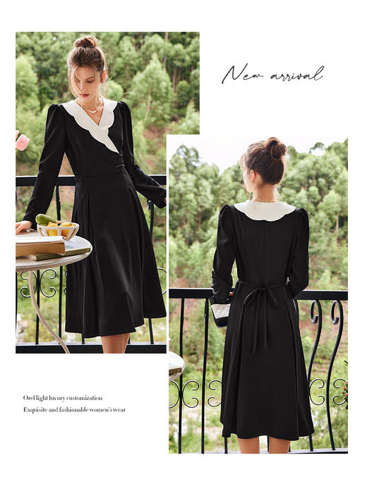 OLrain法式黑色连衣裙女早秋2022年新款显瘦设计感波浪领撞色裙子 商品图3