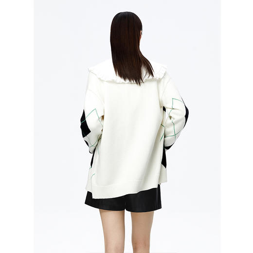 NEELLY纳俪商场同款撞色气质菱格毛衣开衫女单排扣秋季宽松毛衣N22091A01121 商品图4