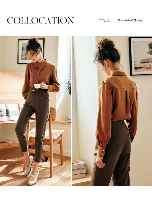 OLrain法式焦糖色长袖衬衫女早秋2022年新款通勤不规则翻领衬衣 商品图1