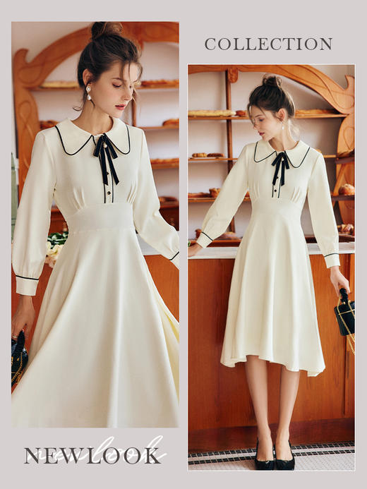 OLrain法式杏色长袖连衣裙女早秋2022年新款气质名媛大翻领茶歇裙 商品图1