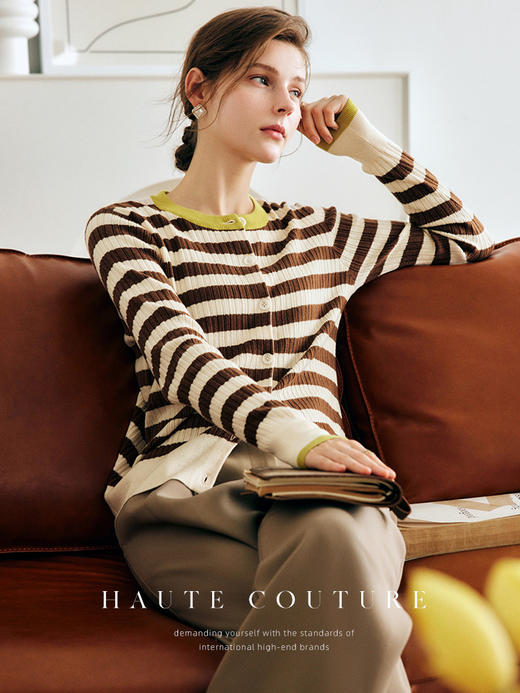 OLrain欧芮儿法式条纹针织开衫女早秋2022新款慵懒风撞色圆领上衣 商品图1