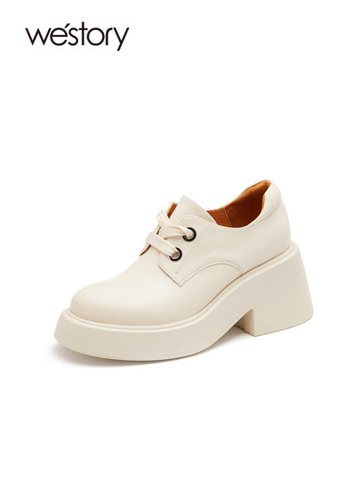 westory22年新款英伦风中性纯色系带厚底真皮小皮鞋显瘦增高72031 商品图1