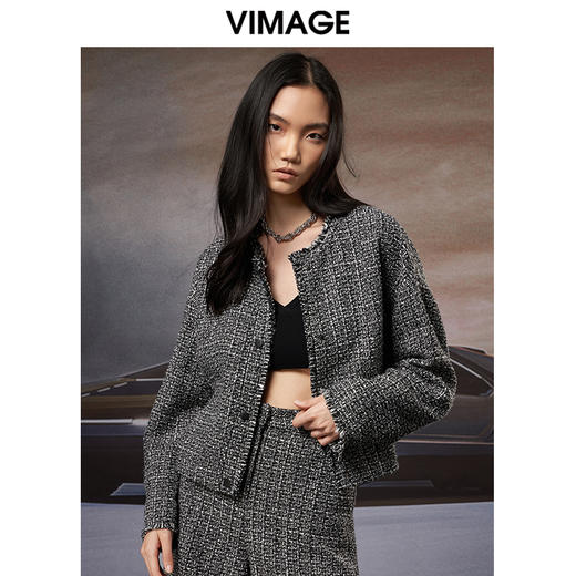 VIMAGE纬漫纪秋季新款粗花呢气质修身显瘦时尚格子短外套V1803417 商品图3