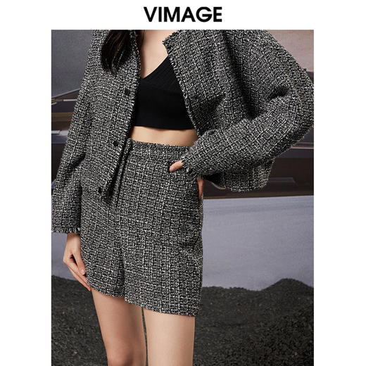 VIMAGE纬漫纪秋季新款粗花呢格子洋气复古直筒显瘦高腰女短裤裤子V1805409 商品图2