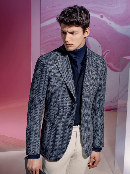 Stylbiella 羊毛马海毛羊绒PA混织蓝色人字纹全麻衬单西 商品图0