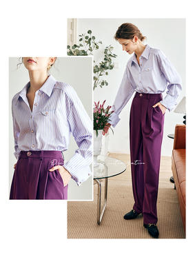 OLrain法式紫色条纹衬衫女早秋2022年新款经典优雅垂感翻领衬衣