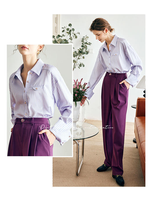 OLrain法式紫色条纹衬衫女早秋2022年新款经典优雅垂感翻领衬衣 商品图0