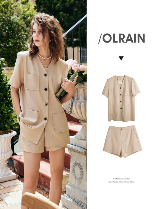 OLrain法式咖色时尚套装女早秋2022年新款宽松复古西装短裤两件套 商品图0