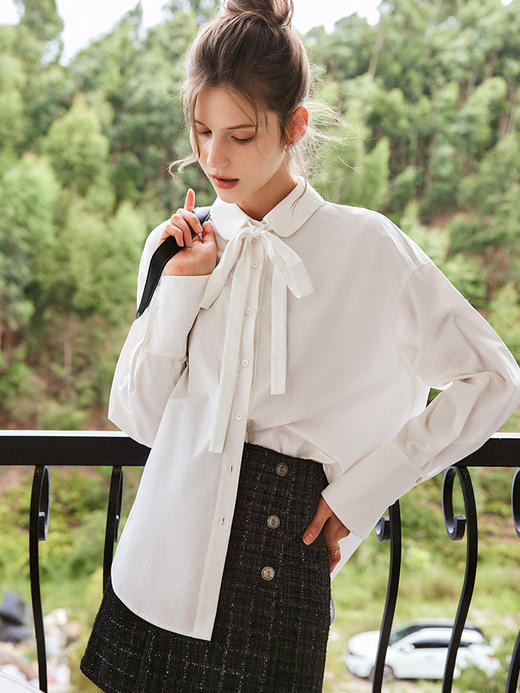 OLrain法式白色长袖衬衫女早秋2022年新款简约百搭设计感绑带衬衣 商品图3