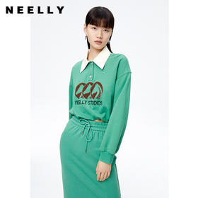 NEELLY纳俪商场同款撞色翻领套头卫衣女字母印花短款上衣简约秋季N22091J01127
