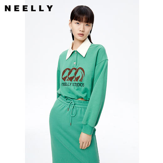 NEELLY纳俪商场同款撞色翻领套头卫衣女字母印花短款上衣简约秋季N22091J01127 商品图0