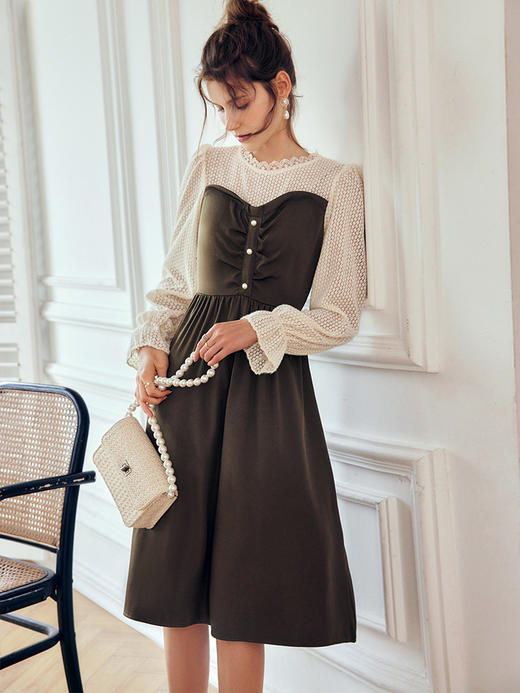 OLrain法式假两件连衣裙女早秋2022年新款气质复古灯芯绒拼接裙子 商品图3