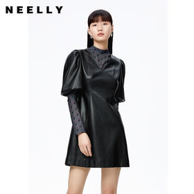 NEELLY纳俪商场同款气质V领泡泡袖连衣裙女收腰显瘦pu皮A字裙百搭N22091Y01145