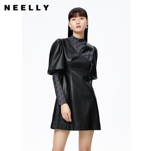NEELLY纳俪商场同款气质V领泡泡袖连衣裙女收腰显瘦pu皮A字裙百搭N22091Y01145 商品图0