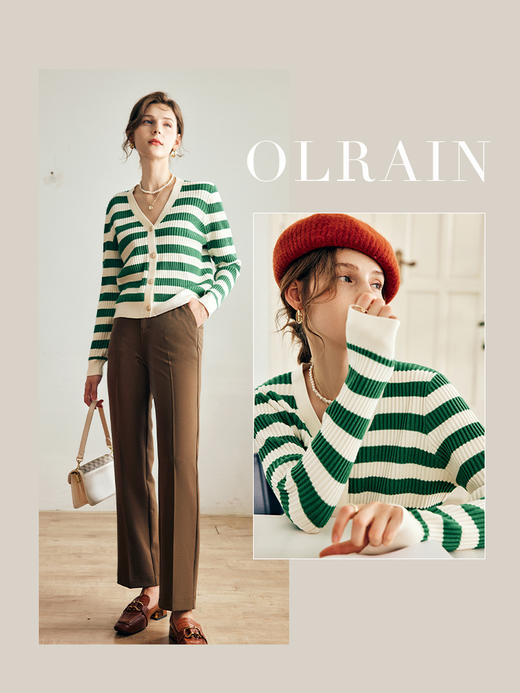 OLrain法式绿色条纹针织开衫女早秋2022新款流行高级显瘦v领毛衣 商品图0