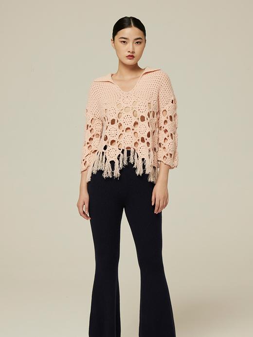 流苏翻领羊绒纯手钩上衣 SJF94W335W 商品图0