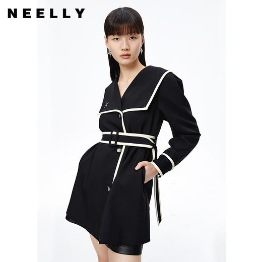 NEELLY纳俪商场同款撞色风衣女中长款收腰系带单排扣大翻领外套N22091F01135 商品图2