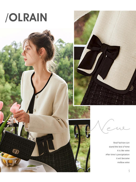 OLrain欧芮儿法式杏色短外套女早秋2022新款小香风气质蝴蝶结上衣 商品图0