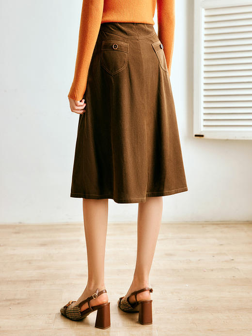 OLrain法式咖色灯芯绒半身裙女早秋2022年新款百搭高腰A字裙子 商品图3