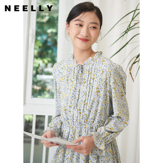 NEELLY纳俪商场同款甜美木耳边碎花连衣裙女收腰A字裙中长裙百搭N22074Y04432 商品图2