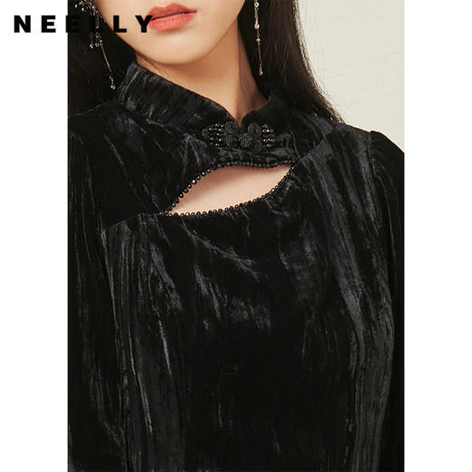NEELLY纳俪商场同款黑色改良旗袍连衣裙女中式盘扣A字裙秋季新款N22074Y04436 商品图3