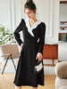 OLrain法式黑色连衣裙女早秋2022年新款显瘦设计感波浪领撞色裙子 商品缩略图1