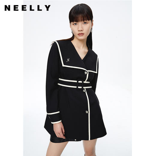 NEELLY纳俪商场同款撞色风衣女中长款收腰系带单排扣大翻领外套N22091F01135 商品图0