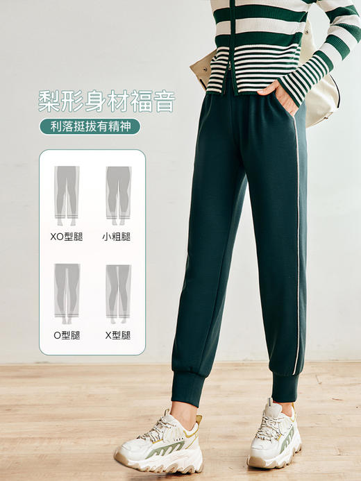 OLrain法式绿色休闲裤女早秋2022新款高腰宽松阔腿束脚空气层卫裤 商品图1