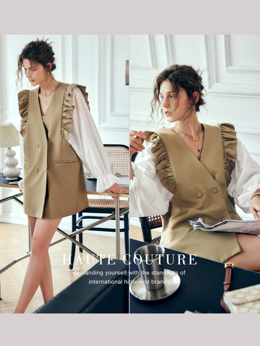 OLrain法式卡其色假两件连衣裙女早秋2022年新款大方优雅气质裙子 商品图3