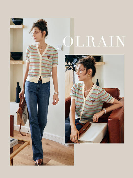OLrain法式条纹短袖针织衫女夏季2022年新款宽松气质V领冰丝开衫 商品图0