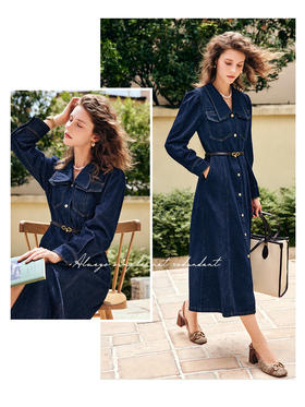 OLrain欧芮儿法式蓝色牛仔连衣裙女早秋2022新款收腰显瘦翻领裙子