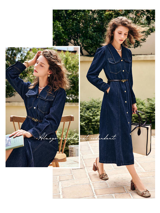 OLrain欧芮儿法式蓝色牛仔连衣裙女早秋2022新款收腰显瘦翻领裙子 商品图0