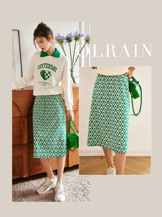 OLrain法式绿色半身裙女早秋2022年新清新休闲梨形身材款直筒裙 商品图0