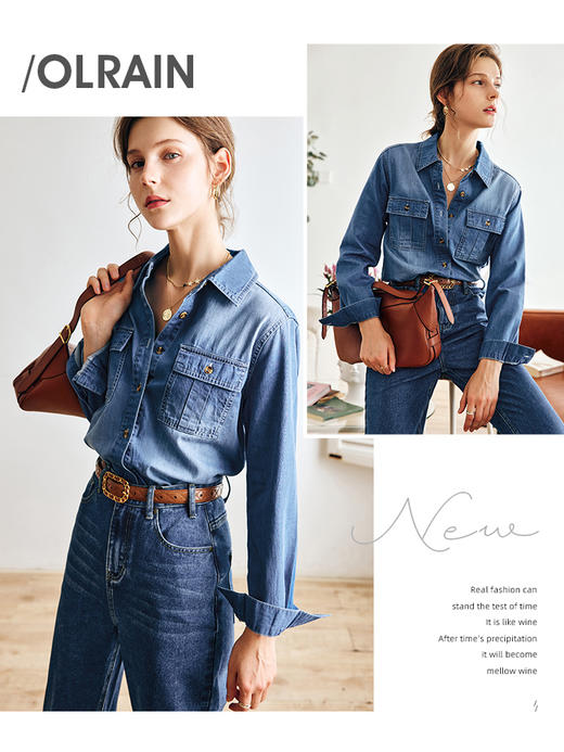 OLrain法式蓝色牛仔衬衫女早秋2022年新款复古宽松气质翻领衬衣 商品图0