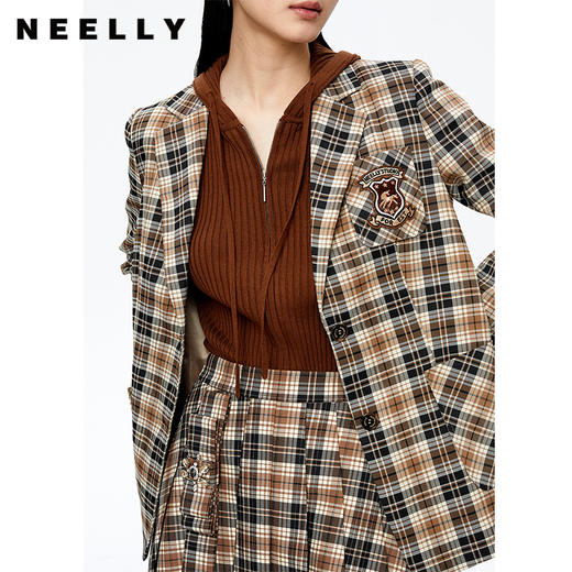 NEELLY纳俪商场同款格纹西装外套女单排扣收腰上衣减龄学院风秋季N22091W01131 商品图3