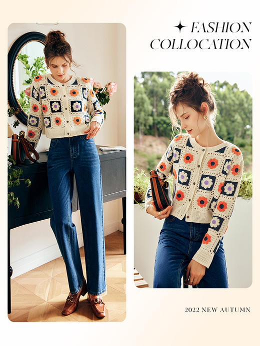 OLrain法式深色牛仔裤女秋季2022新款高腰复古刺绣直筒宽松阔腿裤 商品图1