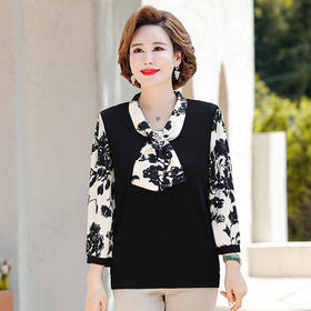 YMS-AA1374新款时尚优雅气质系带领长袖水墨画针织打底衫