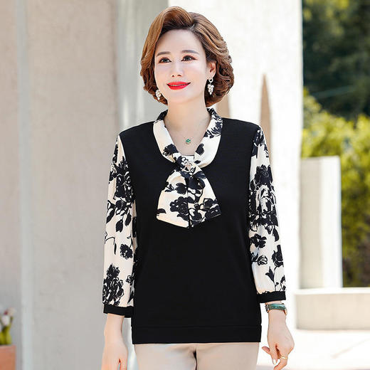 YMS-AA1374新款时尚优雅气质系带领长袖水墨画针织打底衫 商品图0
