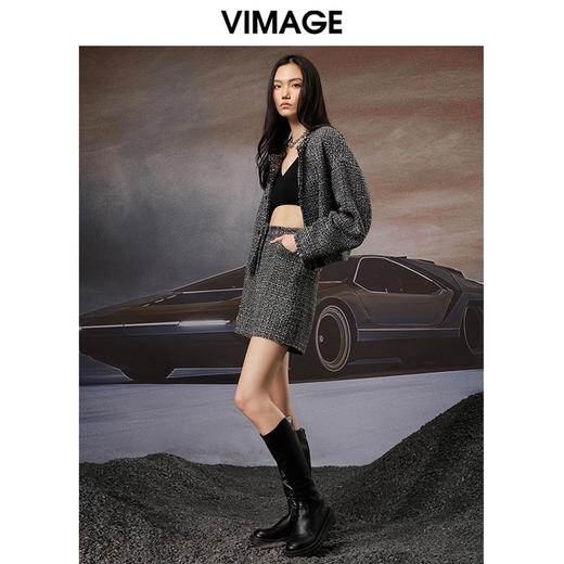 VIMAGE纬漫纪秋季新款粗花呢格子洋气复古直筒显瘦高腰女短裤裤子V1805409 商品图1