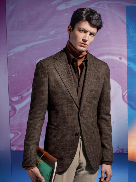 Stylbiella 羊毛蚕丝混织针织弹力棕色格纹全麻衬单西 商品图0