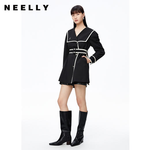 NEELLY纳俪商场同款撞色风衣女中长款收腰系带单排扣大翻领外套N22091F01135 商品图1