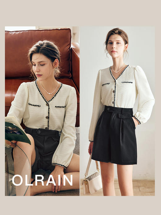 OLrain法式杏色小香风雪纺衫女早秋2022新款宽松气质优雅v领小衫 商品图1