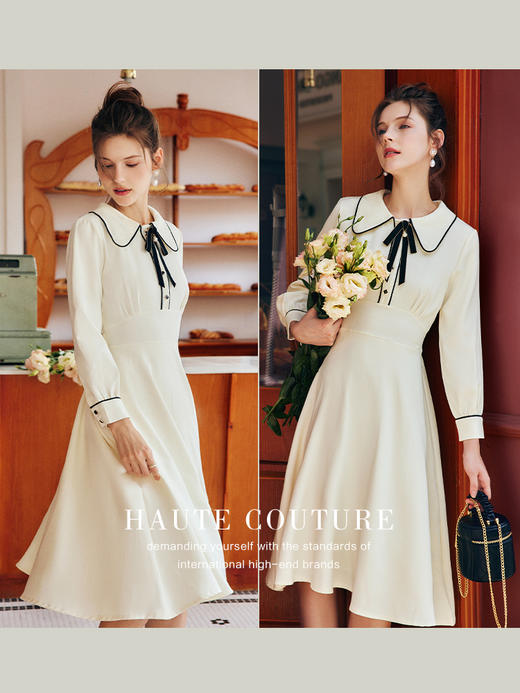 OLrain法式杏色长袖连衣裙女早秋2022年新款气质名媛大翻领茶歇裙 商品图3