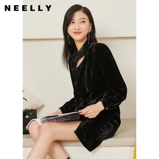 NEELLY纳俪商场同款黑色改良旗袍连衣裙女中式盘扣A字裙秋季新款N22074Y04436 商品图2